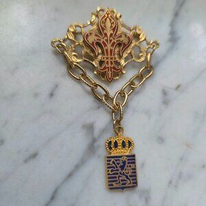 Vintage Fleur De Lis Heraldic Brooch Royal Crest Lion Shield Dangle Pin